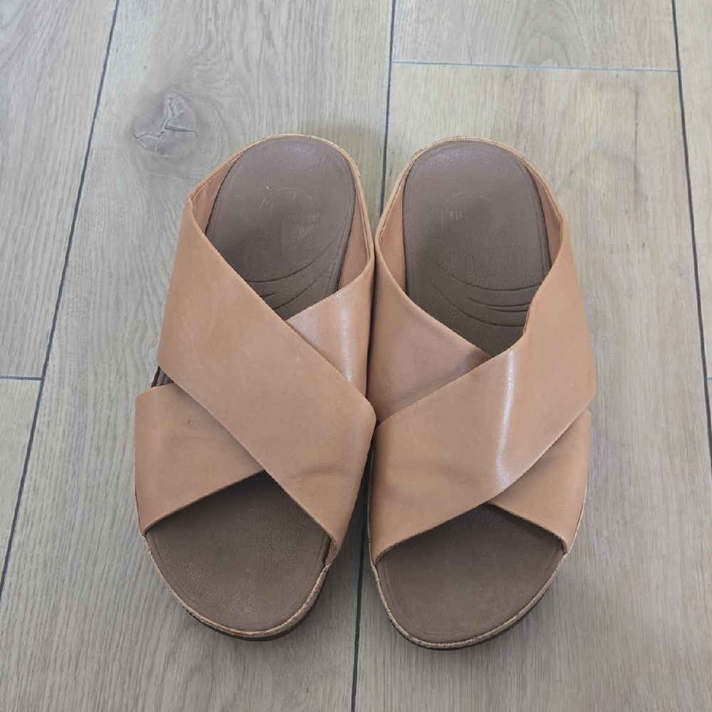 Fitflop KYS Leather Criss Cross Slides Cork Wedge Sandals Brown Size 10